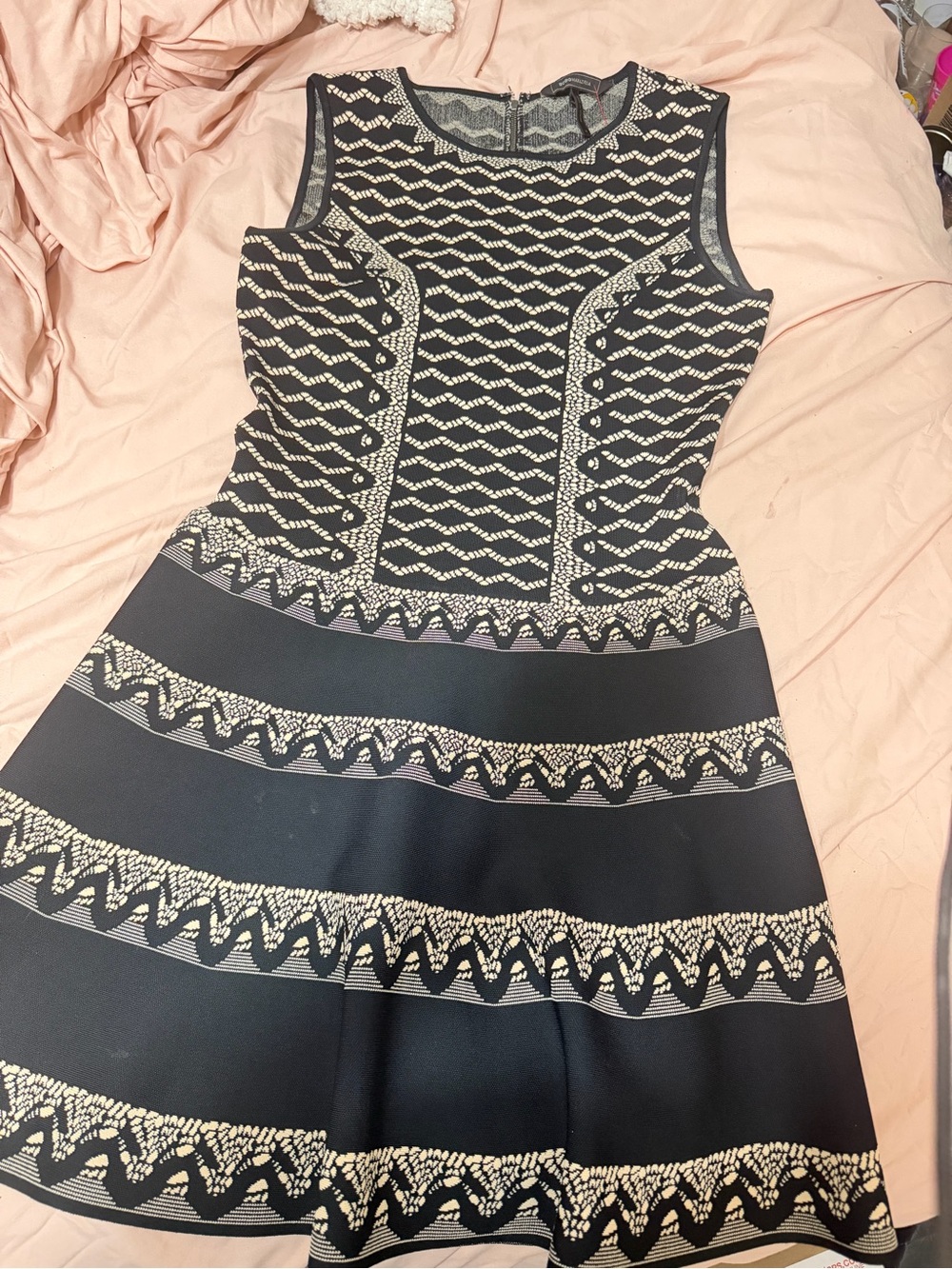 Sleeveless Black & Cream Patterned Fit-and-Flare bandage Dress Max Azria BCBG